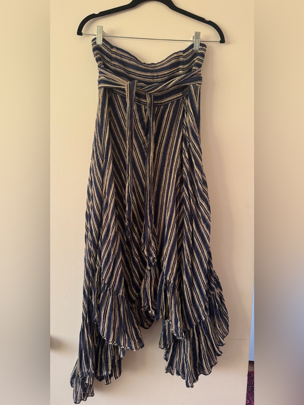 Free People Navy and Cream Striped Maxi Skirt with Tie Waist